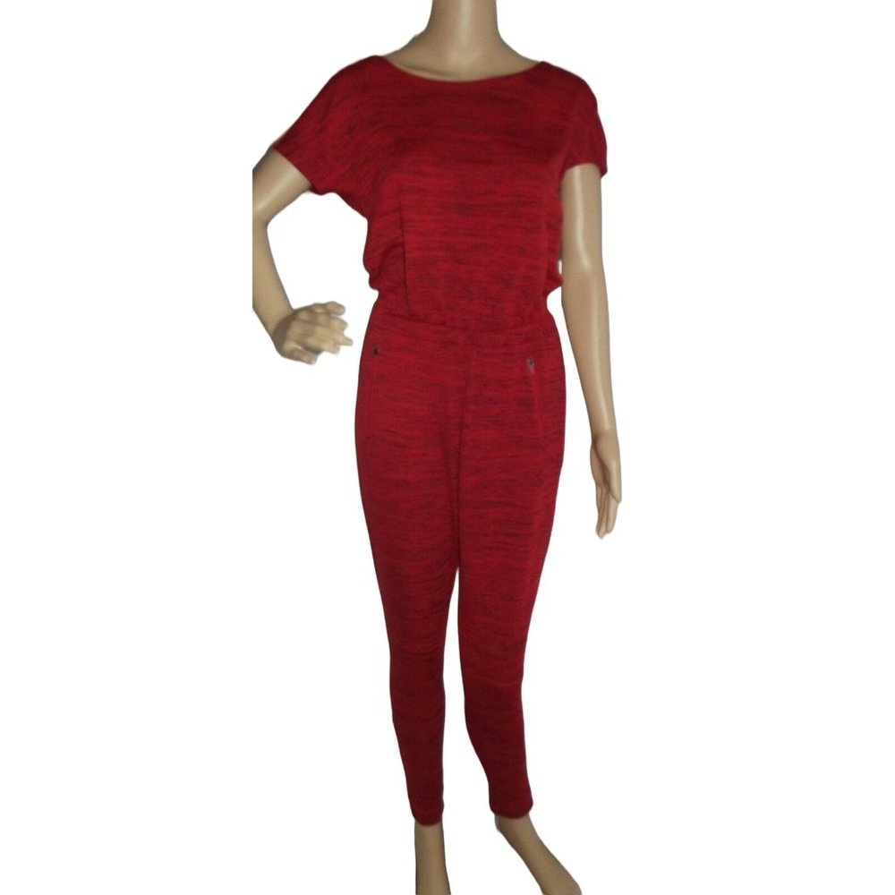 Reflex Jumpsuit Size Small Red & Black Marled Knit Open Back pants short sleeves